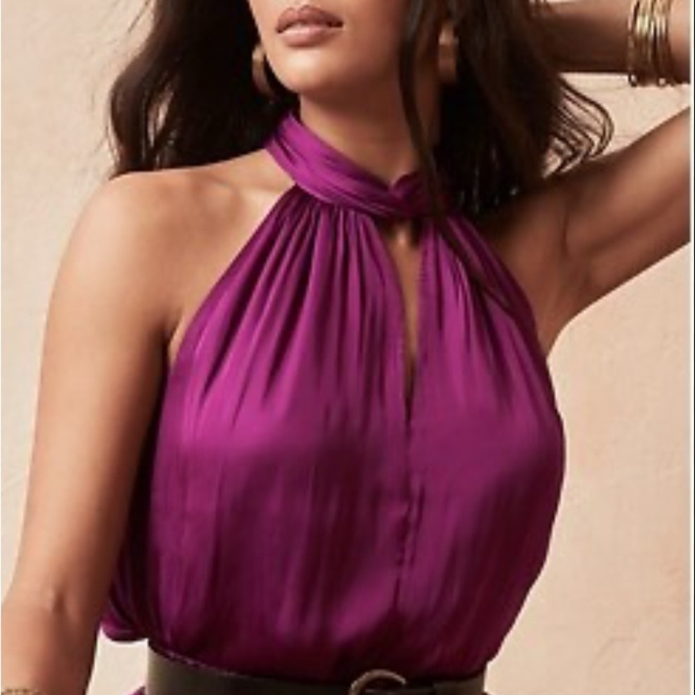 Banana Republic Satin Twist Neck Top in Rich Raspberry